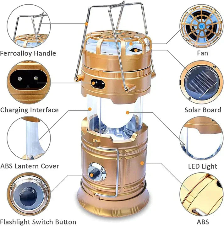 Multifunctional Solar Lantern with Fan Powerbank - Solar Rechargeable, USB and Batteries